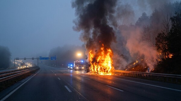 오전 6시 30분경, 운전자들이 불타는 승합차를 신고했다.